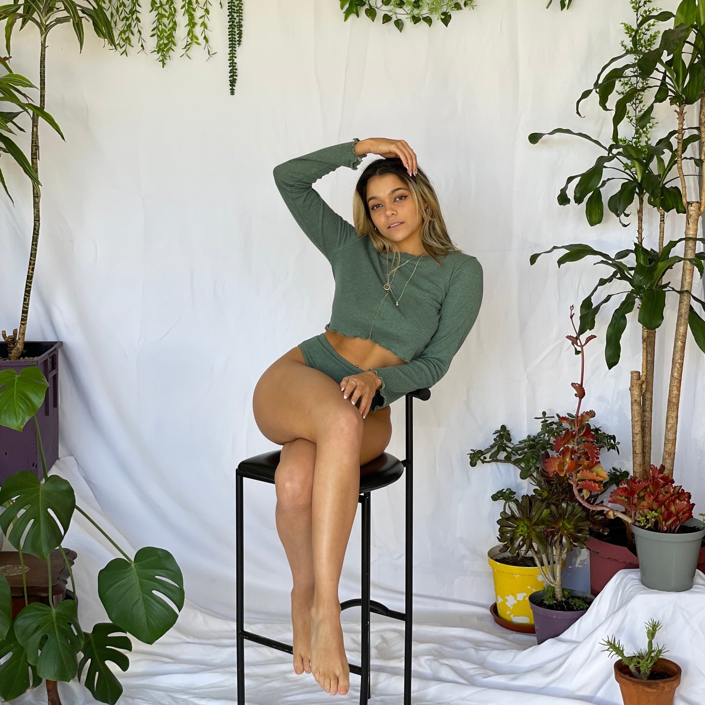 Studio Candor Mossy Melange green underwear set with high-waisted cheeky underwear