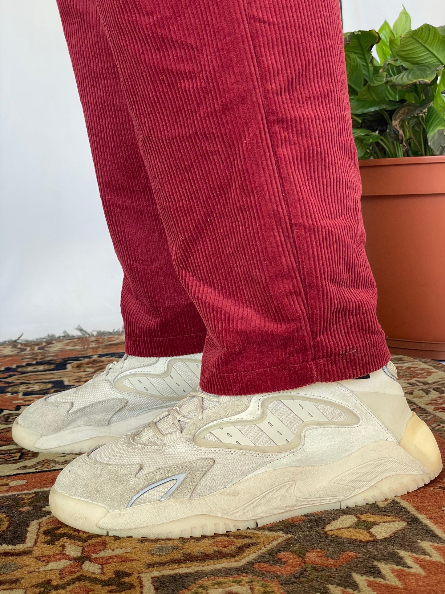Close up of burgundy corduroy pants hem and cream sneakers. Model stands on a carpet with white backdrop and plants in the background.