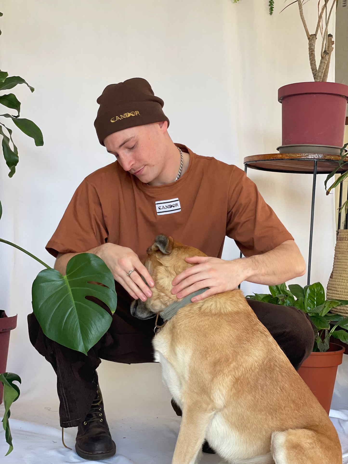 Models wears light brown t-shirt with Candor label, brown corduroy pants and brown beanie. Model stands crouched down rubbing a dog.