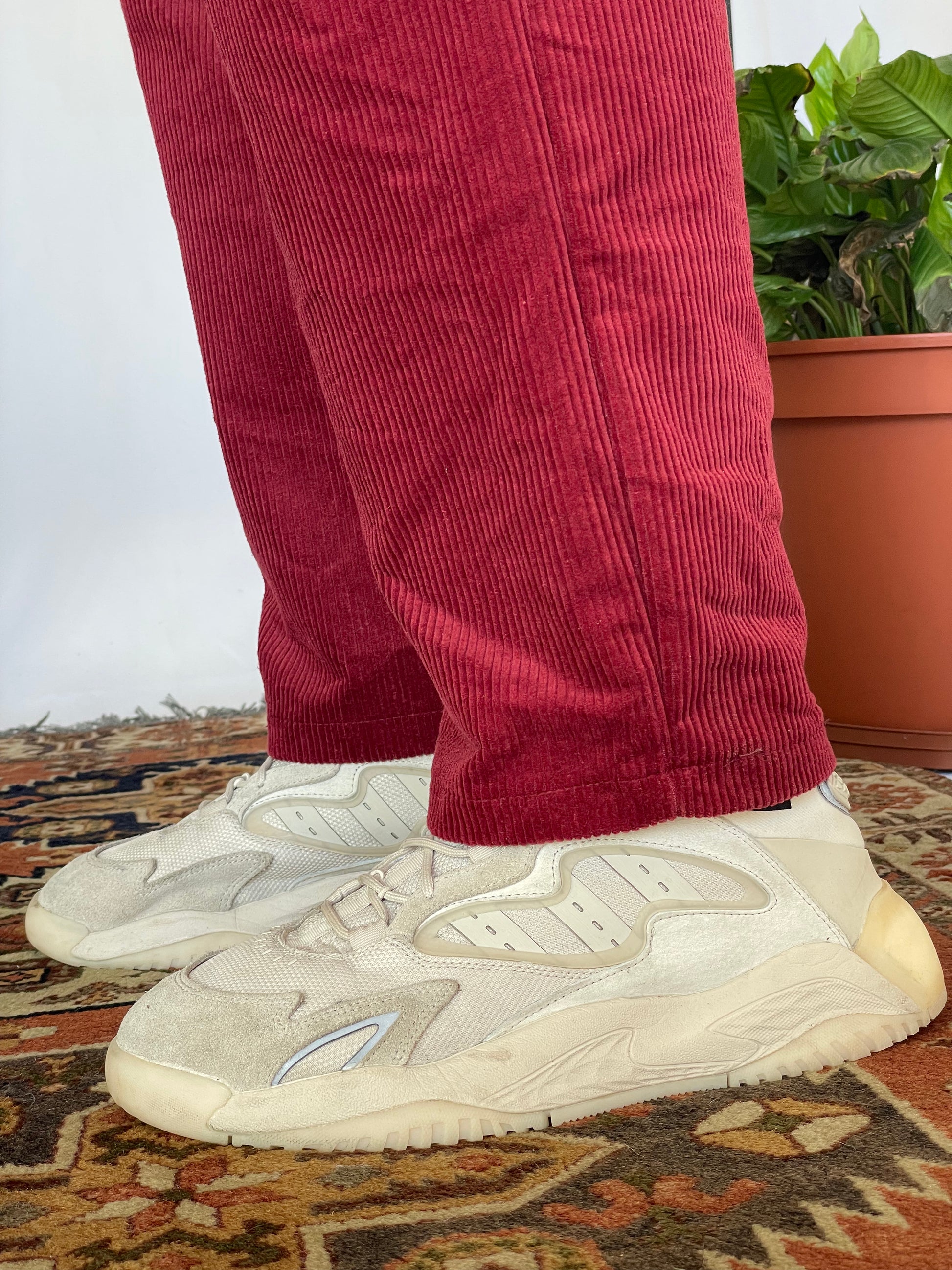 Close up of burgundy corduroy pants hem and cream sneakers. Model stands on a carpet with white backdrop and plants in the background. 